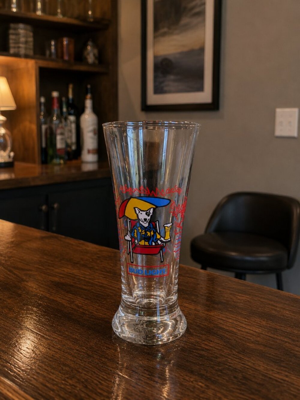 Bud Light Spuds MacKenzie 1987 Beer Pilsner Glass Dog Beach Party Barware